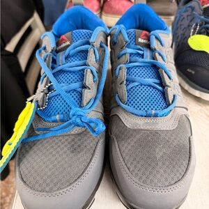 XTR brand-Reebok with Alloy Toe Cap work shoes. Grey & Blue Mesh Athletic